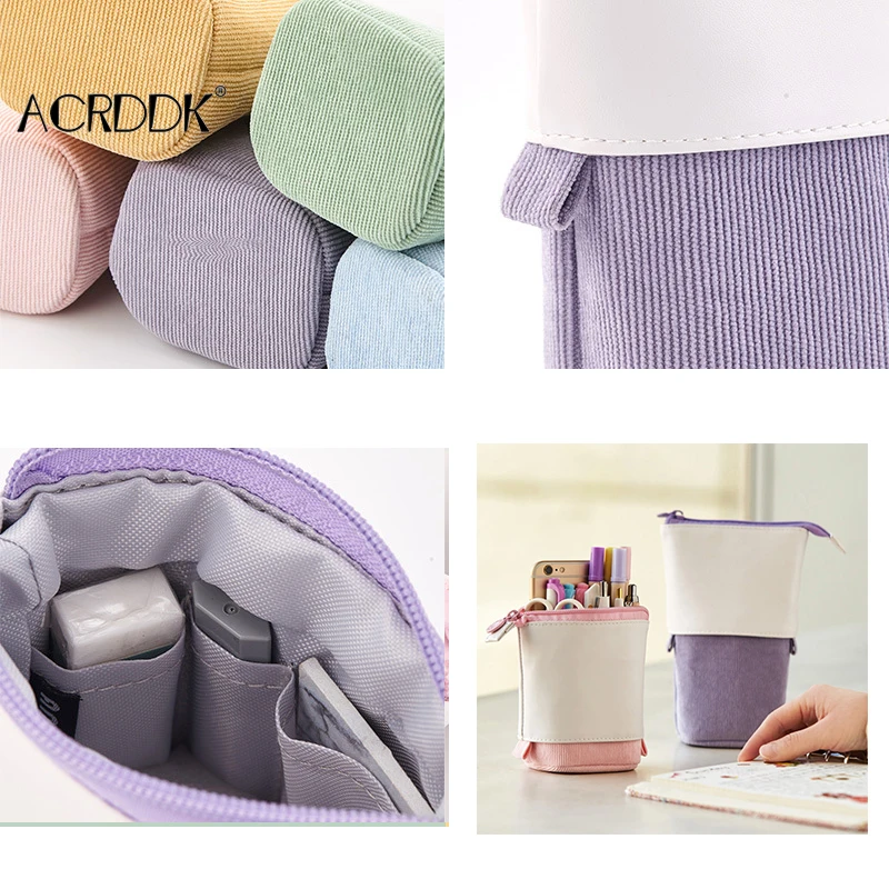 

Pop-up Pencil Case Telescopic Holder Stationery Case PU Corduroy Stand-up Transformer Bag Large Capacity Gift for Kids FL