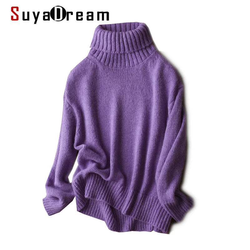 

SuyaDream, шерсть, водолазка, свободные пуловеры, плечи, 2021, осень, зима, теплый мохер, свитера для женщин, зеленый, фиолетовый