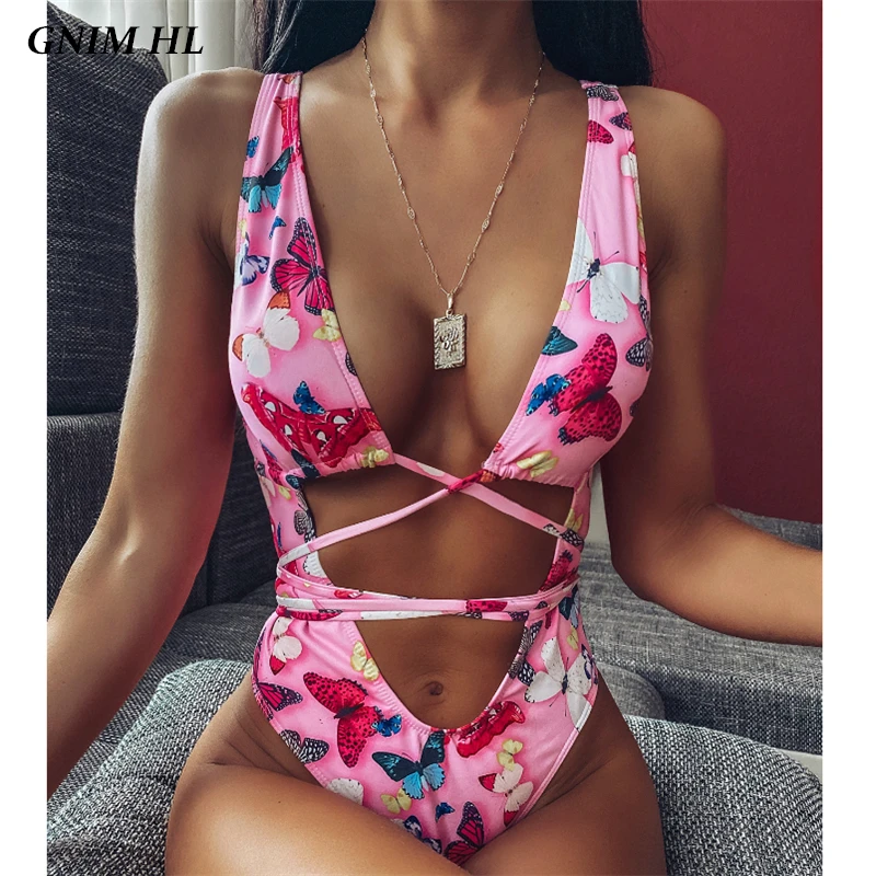 

Женский бандажный купальник-бикини GNIM, сексуальный купальный костюм с вырезами, Женский цельный бразильский купальник с принтом в стиле ре...