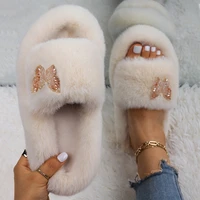 fluffy slippers women imitation ore butterfly faux fur slides platform fur sandals winter slippers plus size indoor casual shoes