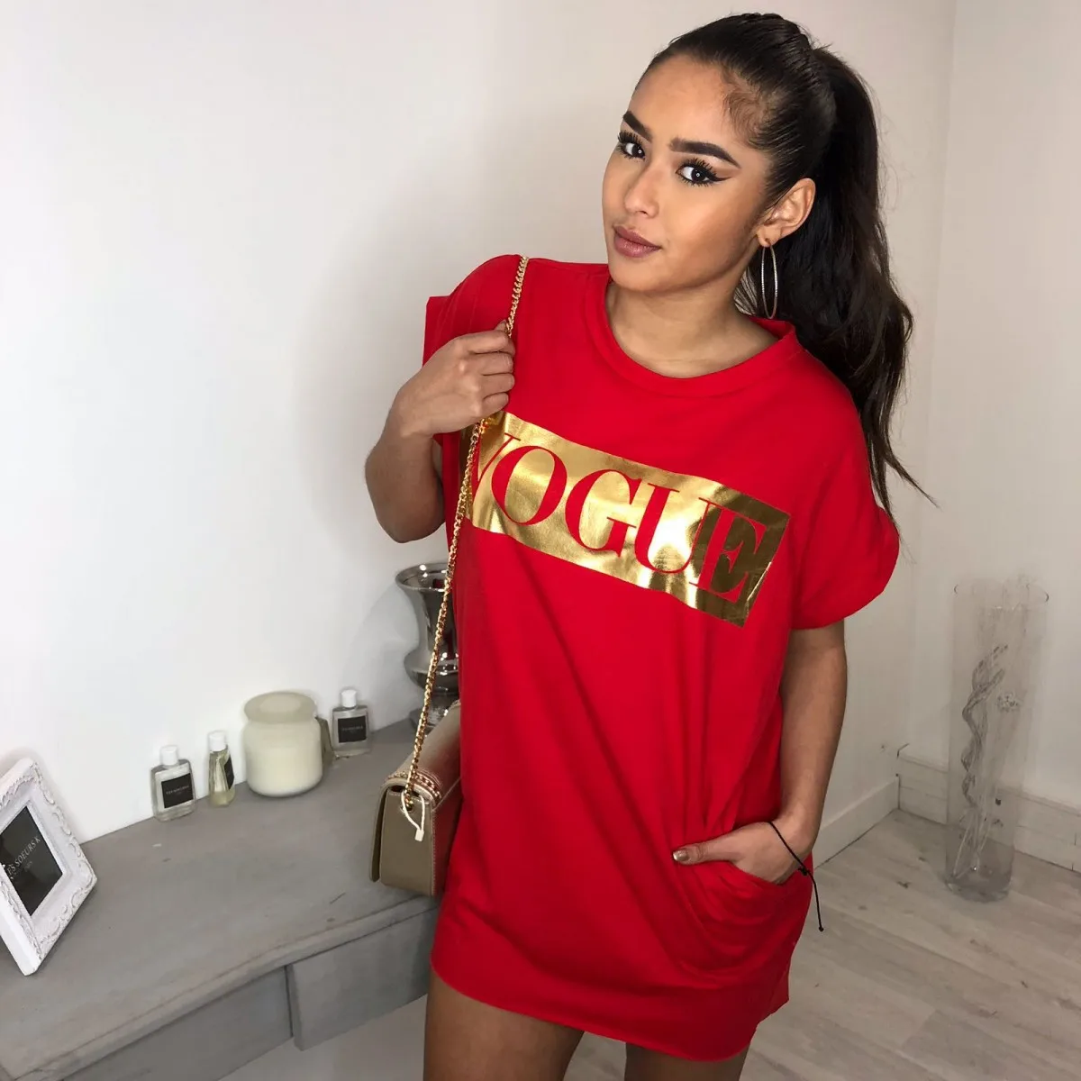 

Women Tshirt Dress in Jersey, Gloden Vogue Printed, Short Sleeve Round Neck, Summer Very Good Quailty