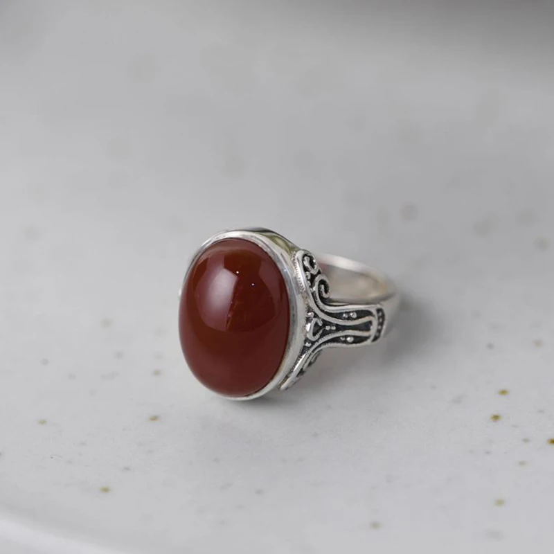 

FNJ 925 Silver Ring for Women Jewelry 100% Original Pure S925 Sterling Silver Rings Red Agate Oval Stone