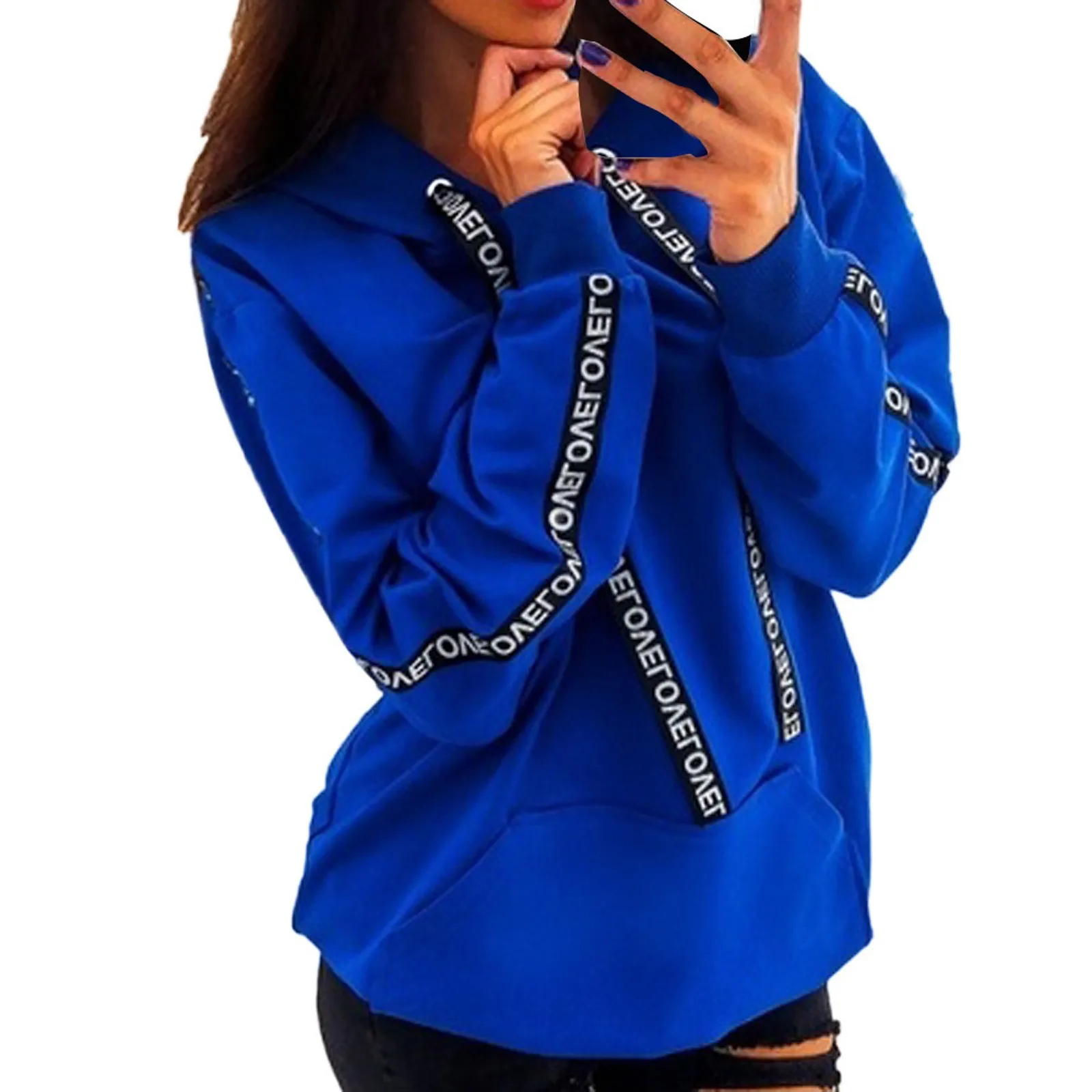 

Women Hooded Long Sleeve Sweatshirt Autumn Winter Pure Color Warm Sweatshirt Fashion Letter Streamer Mid-length Blouse Tops #10