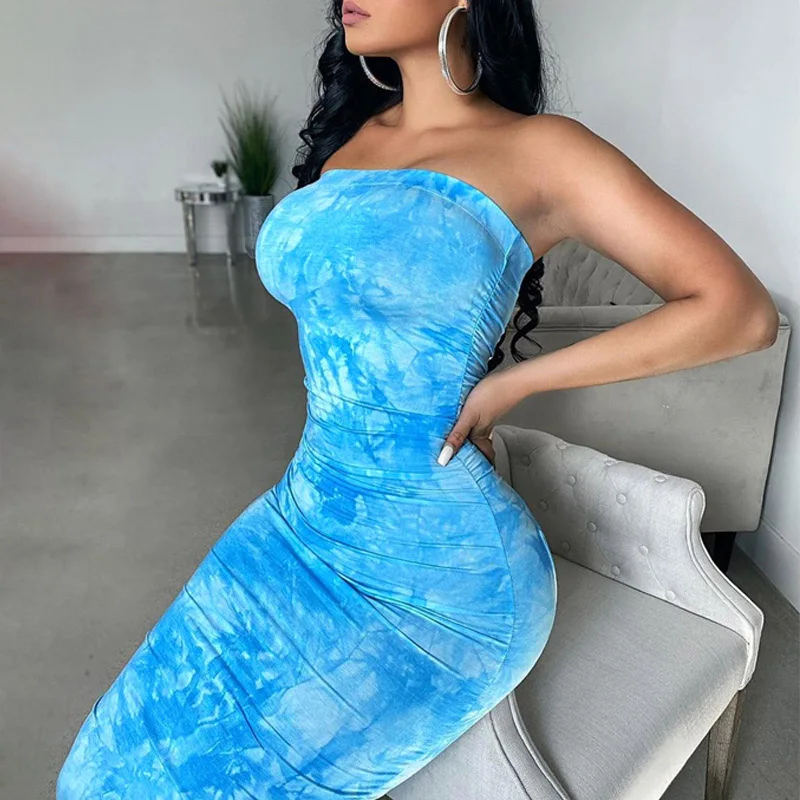 

Sexy Women Dress Tie Dye Strapless Sleeveless Colorful Draped Dresses Fashion Print Bodycon Club Long Dress Vestido Feminino