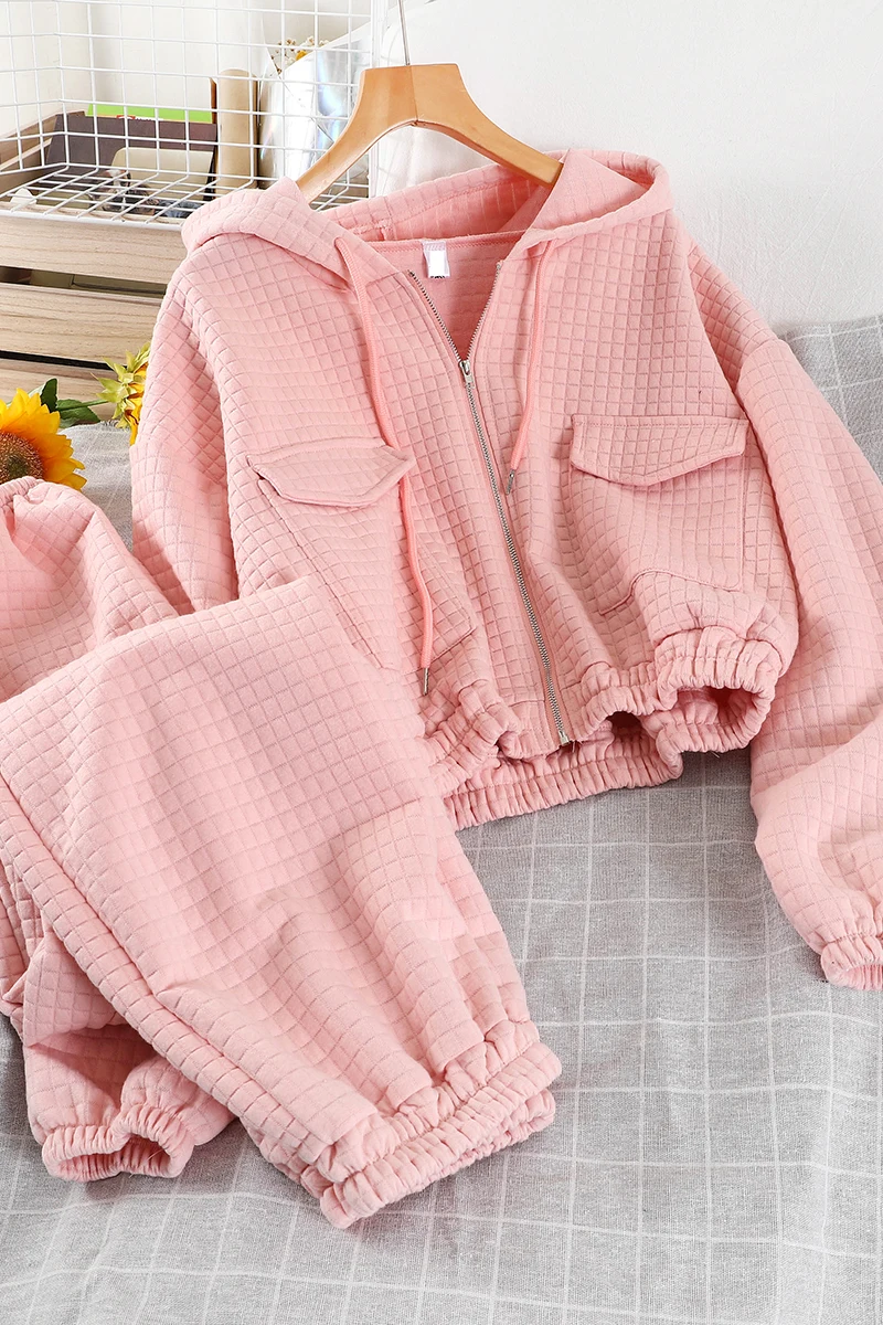 

New Spring and Autumn Women's Solid Hooded Loose Zipper Short Jacket Coat Casual Pants Two-piece Set Female Tracksuit Jogger Set