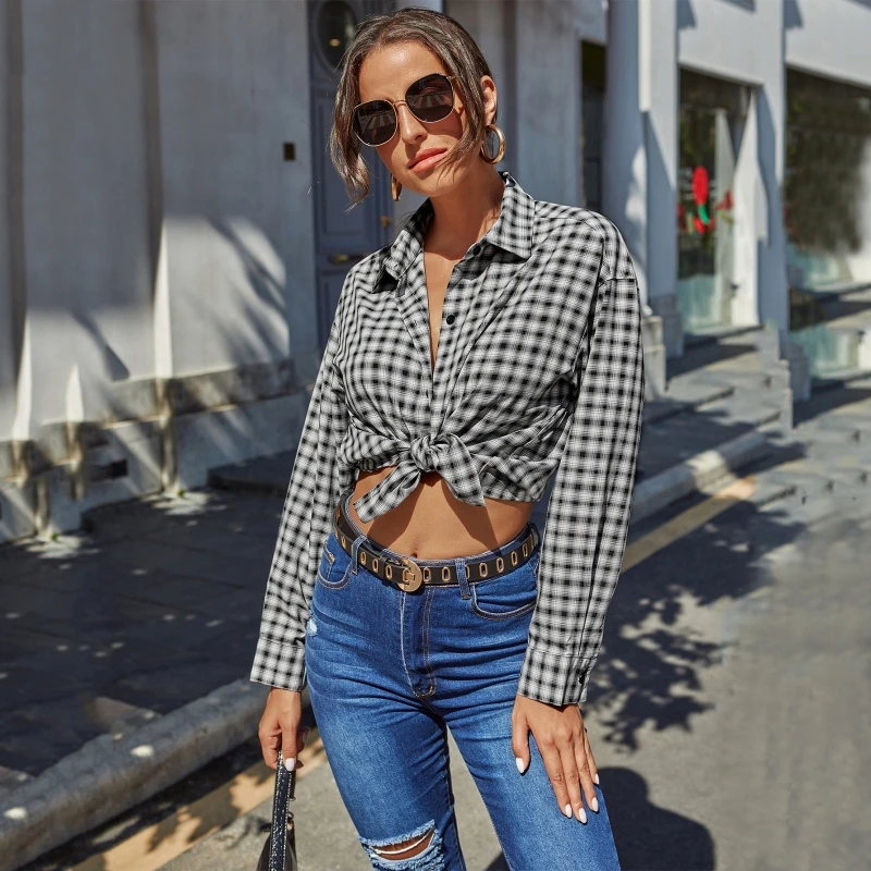 

Women Long Sleeves Buttons Down Casual Single-Breasted Lapel s V Neck Black White Lattices Shirt Tops Tunic Streetwear