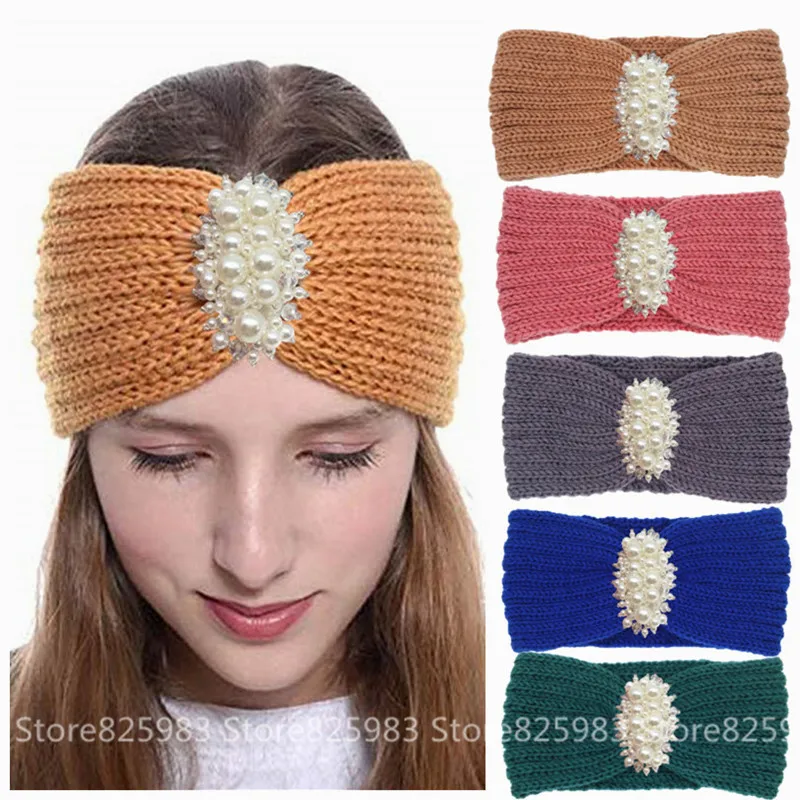 

Pearl Rhinestone Winter Headbands Wool Knitted Warmer Ear Turban for Women Ruby Vintage Headwear Bandana Hair bands Accessories