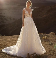 gorgeous wedding dresses 2021 a line sheer neck feathers lace appliques backless sweep train bride gown vestidos de noiva