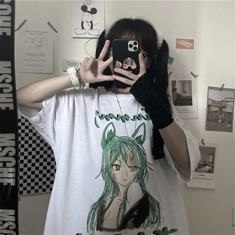 

Летняя футболка Ulzzang, забавная Летняя женская футболка с мультяшным рисунком, женская уличная одежда для вечевечерние НКИ, черные, белые топ...