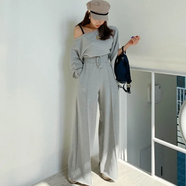 2020 Ladies Outfit Tracksuits Movement Sexy slash neck short tops + Wide-legged pants Women Pant 2 Piece Set AQ149 | Женская одежда