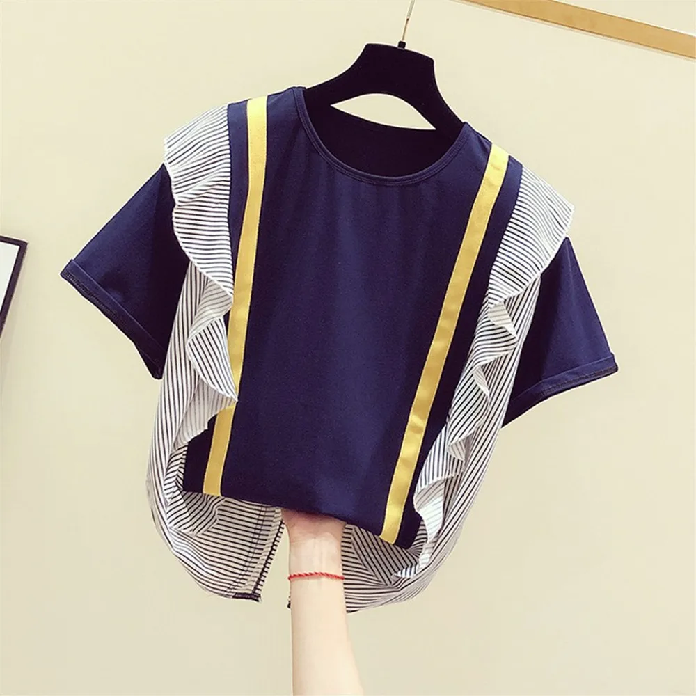 

T-Shirt Women's Summer Elegant OL Stripe Color Block Ruffles Short Sleeve Office Shirts O Neck Patchwork Tees Tops Girl Shirt
