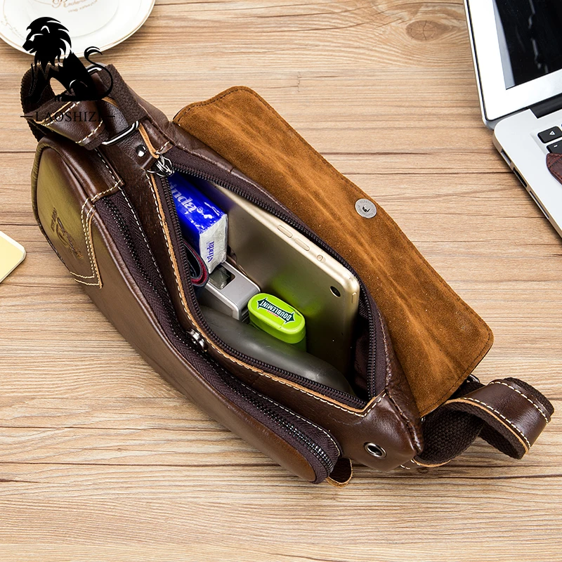 

LAOSHIZI Leather Single Back Pack Rucksack Vintage Real Cowhide Brush Color Shoulder Bag Crossbody Chest Pack