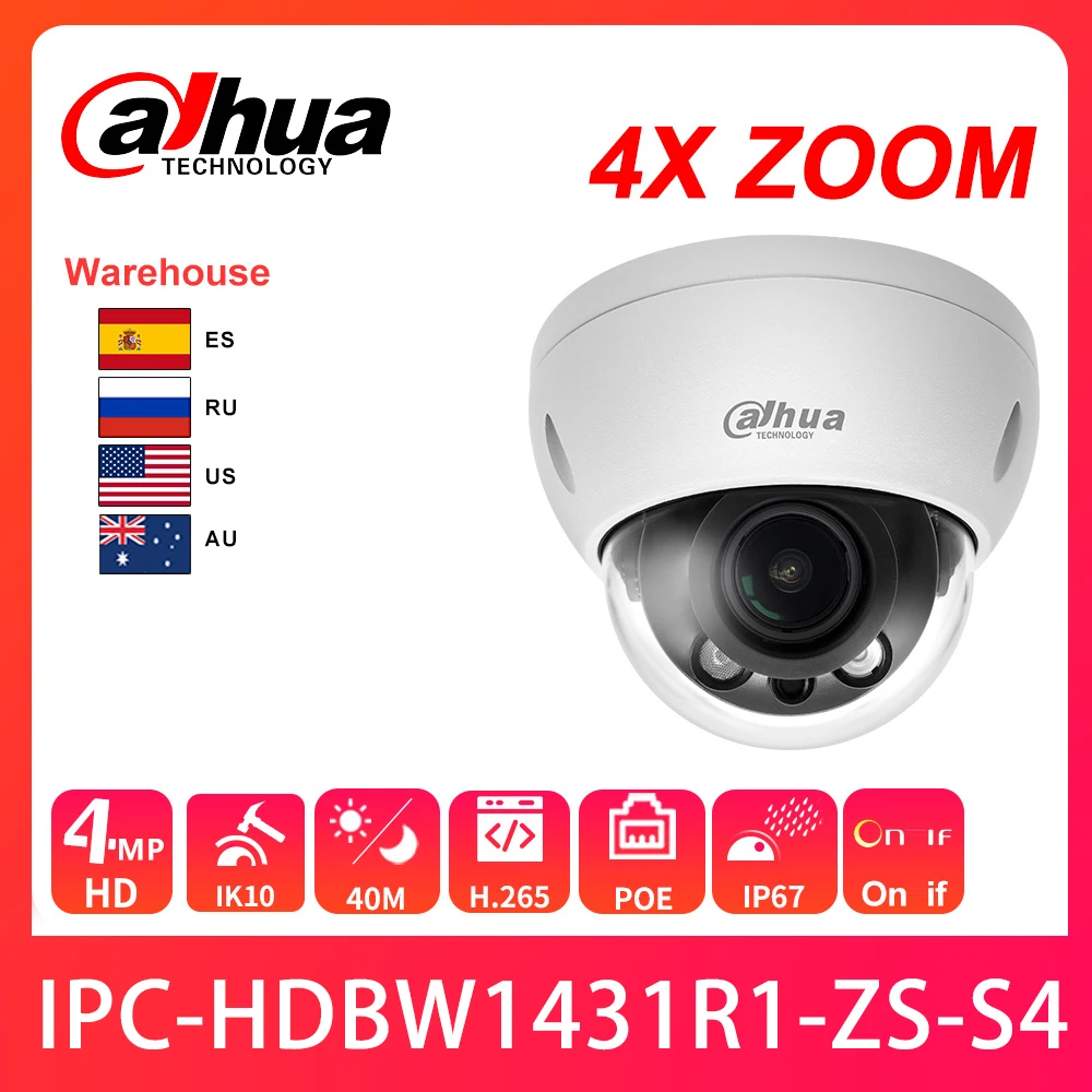 Dahua Camera IPC-HDBW1431R-ZS-S4 Dome 4MP IP Camera 4X Zoom 2.8-12mm HD POE IR 40M H.265 IP67 IK10 Security Camera APP