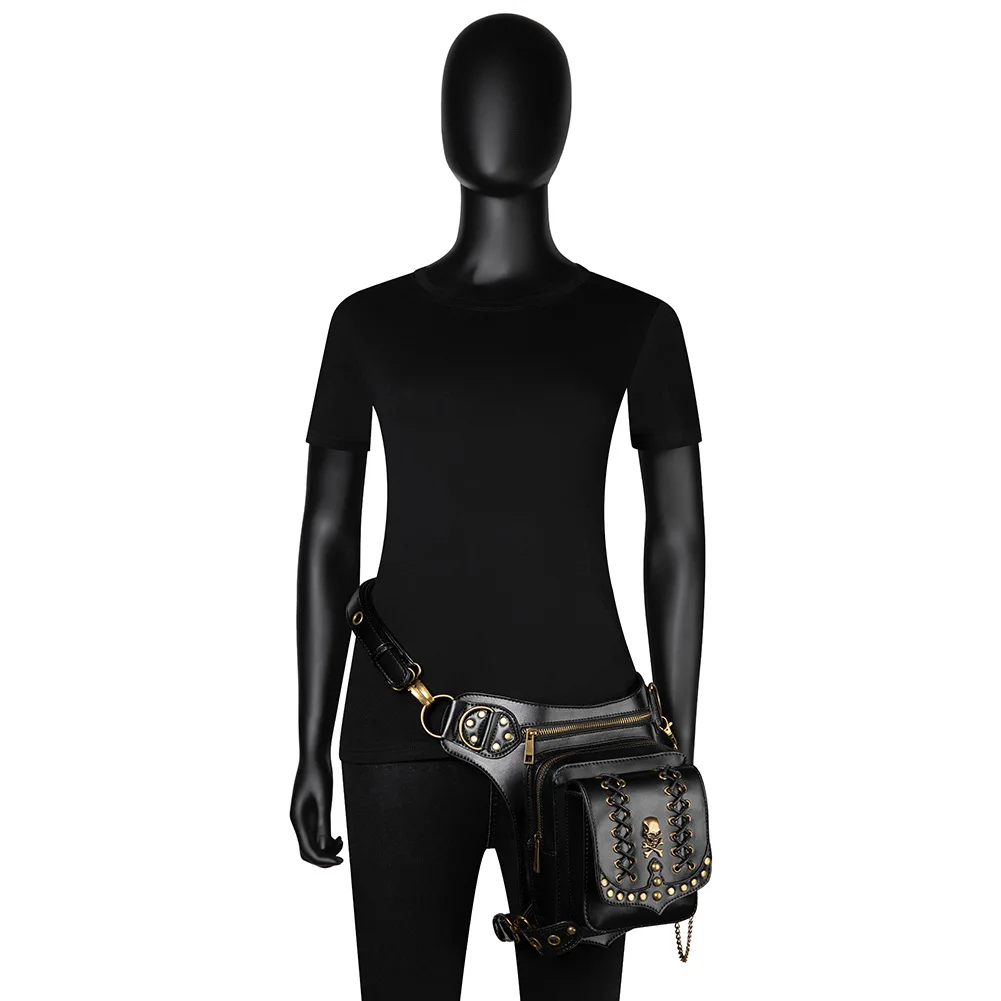 

Rock Men's Leg Bags Steampunk Skull Gothic Pack Retro Leather Waist Bag for Female Bandage Crossbody Messenger Phone Case Holder