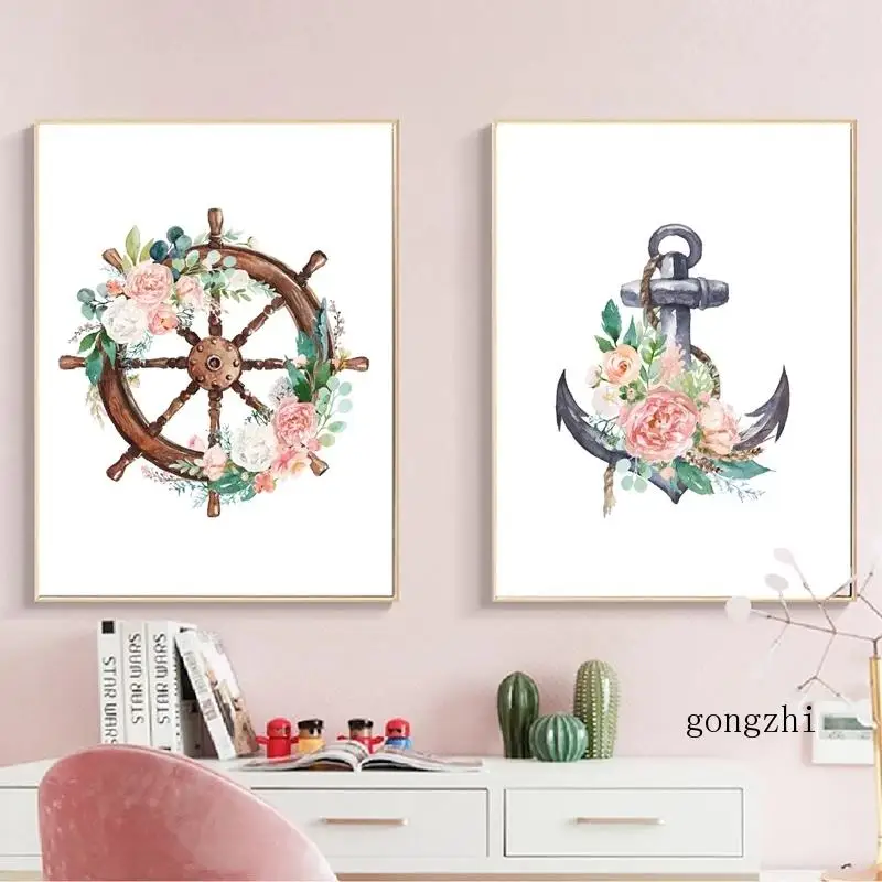 Женский Простой Цветочный постер якорь рулевое колесо принты картина настенное