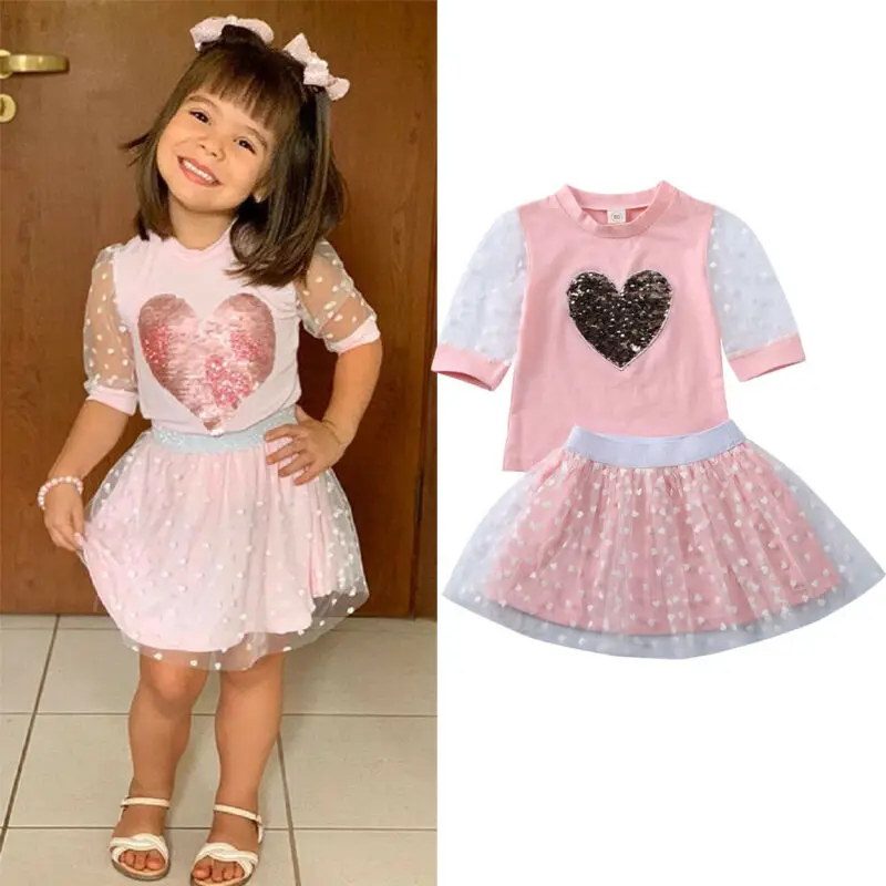 Фото Милая одежда PUDCOCO для маленьких девочек топ с блестками и сердечками кружевная