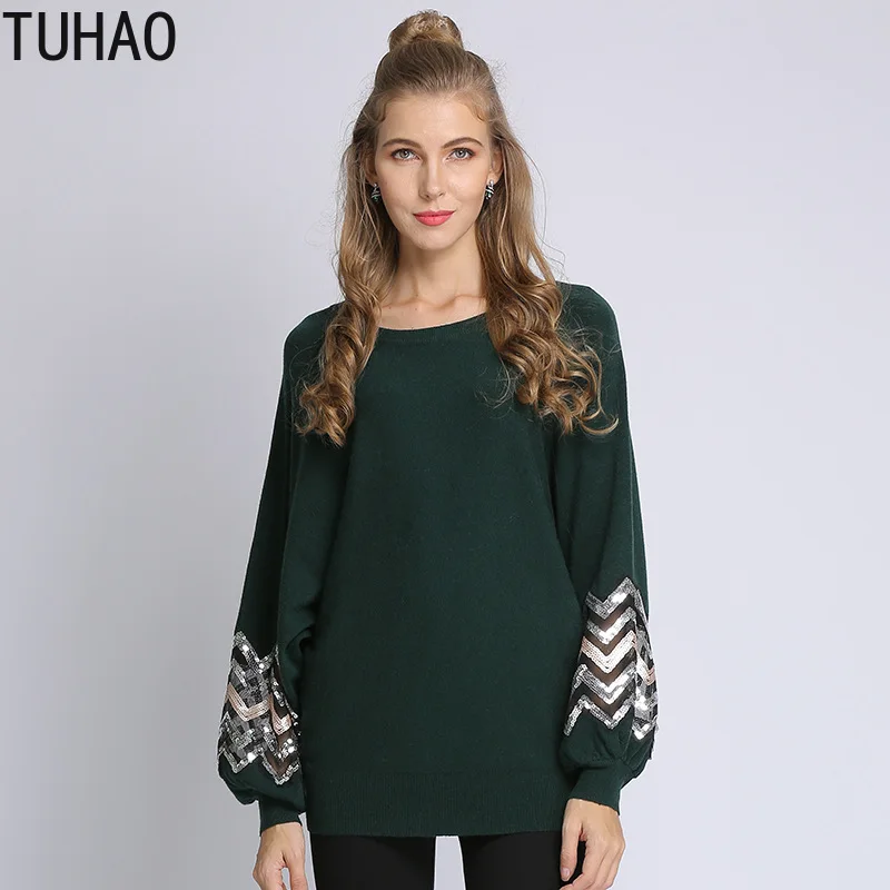 Женский свитер с длинными рукавами расшитый блестками свободный трикотажный