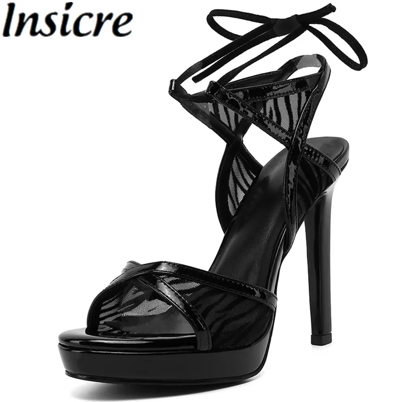 

Insicre Women Sandals Patchwork Black Mesh Platform 2021 Summer Fashion High Heel Shoes Patent Leather Lace Up Thin Heel