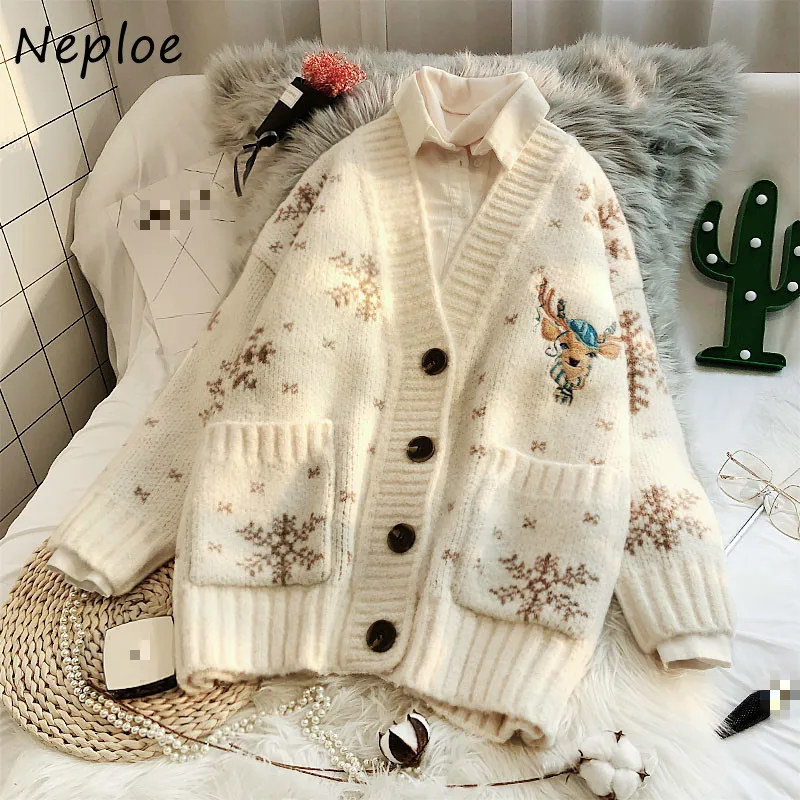 Neploe Sweet Fresh Snowflake Deer Pattern Sweater Women Soft Simple Femme Knitted Cardigan 2022 New Chic Stitching Pocket Jacket |