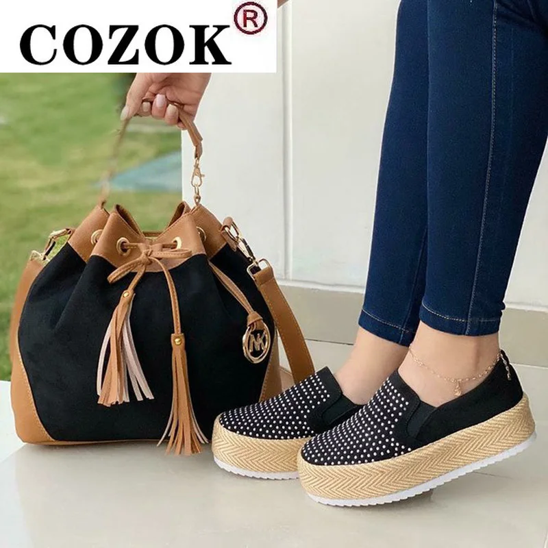 

Women's Single Shoes Crystal Solid Thick Bottom Rope Compilation Slip-On Female Sneakers Leisure Concise Ladies Vulcanized Shoes