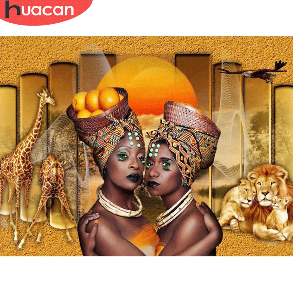 

Алмазная 5D картина HUACAN с портретом Африканской женщины, Алмазная мозаика, жираф, Лев, полный набор для вышивки, ручная работа