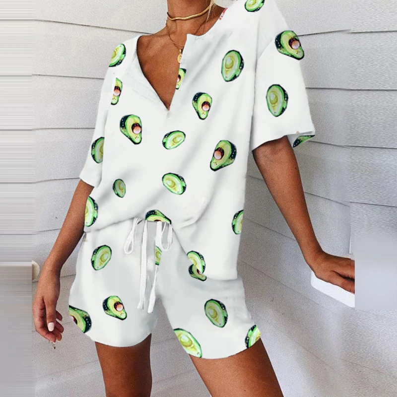 

Women Sexy V neck Flamingo print 2Pcs set Lady Short Sleeve Top +short pants Lace-Up Two Piece Set Femal Summer Loose homewear