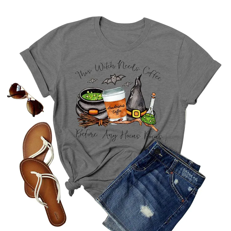 

This Witch Needs Coffee Tshirt Harajuku Vintage Women 2020 Pumpkin Tops Halloween 2020 Autumn Print Tee Girls Gothic Print L