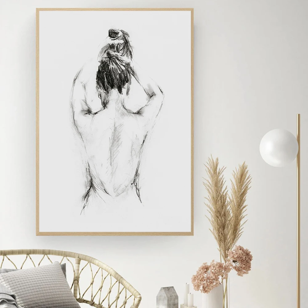 

Female Line Drawing Art Canvas Painting Abstract Nude Woman Back Print After Bath Minimalist Poster Bathroom Picture Home Decor
