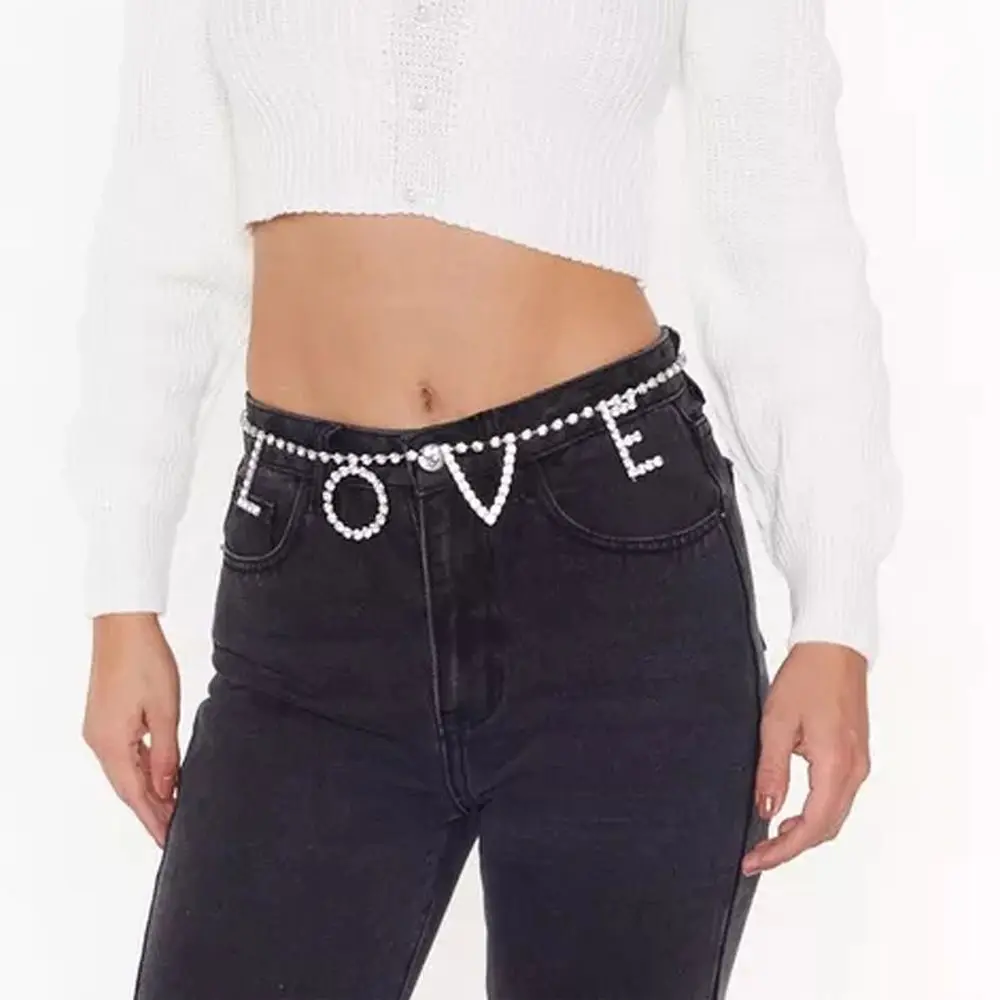 

Sexy Full Diamond L O V E Letter Ladies Waist Chain Jewelry Personality Shiny Rhinestone Belly Button Chain Body Accessories