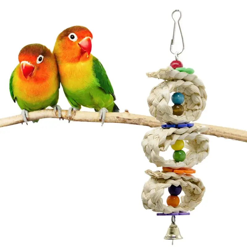 

Bird Parrot Toy with Bell Natural Wooden Grass Chewing Bite Strands Molar Toys Hanging Cage Swing Straw Corn Leaf Toys