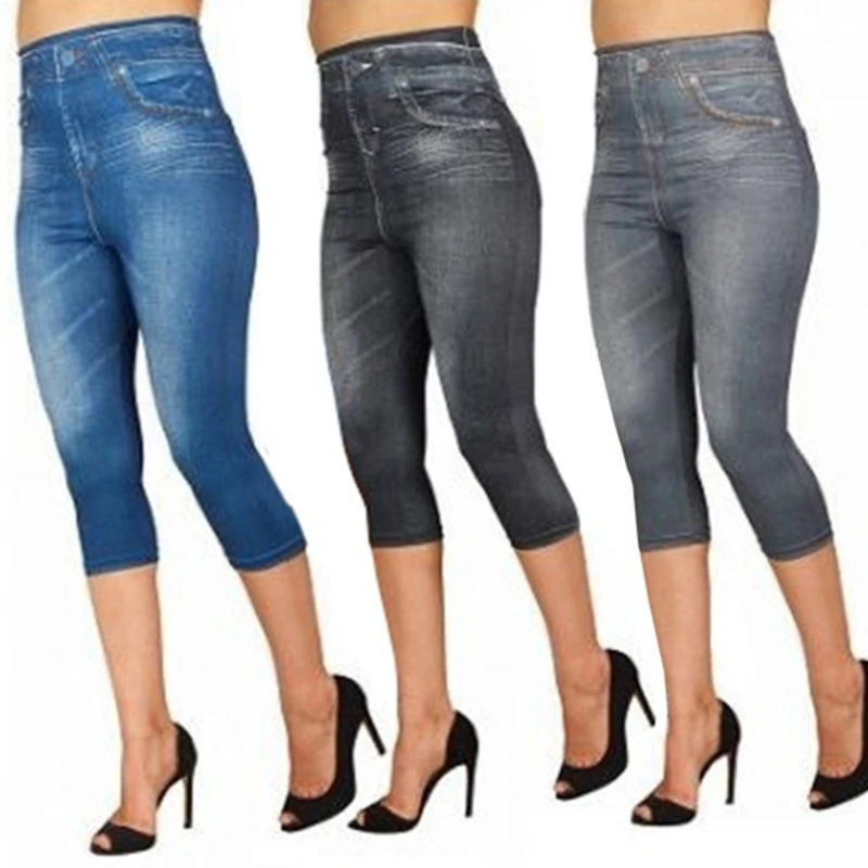 

Faux Jeans Leggings Woman Stretch Short Leggins 4\3 Capri Pants Summer Breeches High Waist Perfect Fit Jeans Jeggings