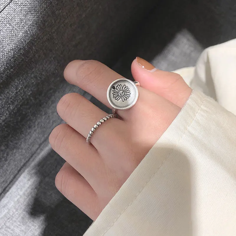 

YAOLOGE 925 Sterling Silver New Korean Daisy Round Open Rings Ladies Simple Retro Design Fashion Jewelry Rings