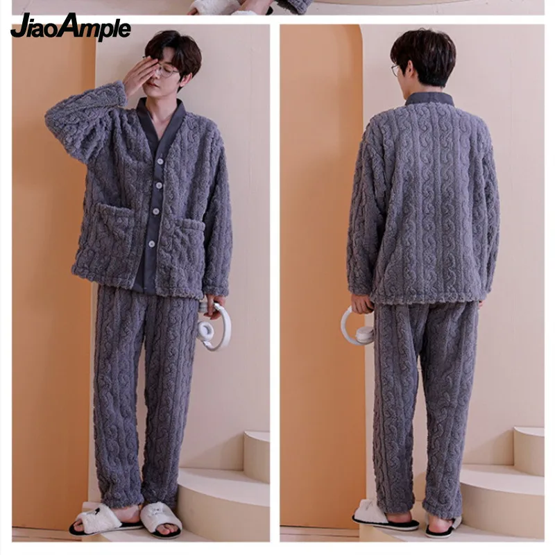 Men's Pajamas 2021 Winter New Warm Thick Flannel Pijamas Korean Loose V-neck Sleepwear Set Girl Cute Cartoon Nightwear Homewear