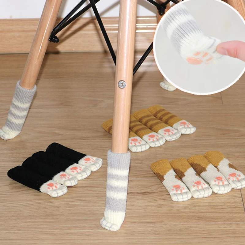4Pcs/set Cat Paw Table Foot Socks Chair Leg Covers Floor Protectors Non-slip Knitting For Furniture Cartoon Home Decor | Дом и сад