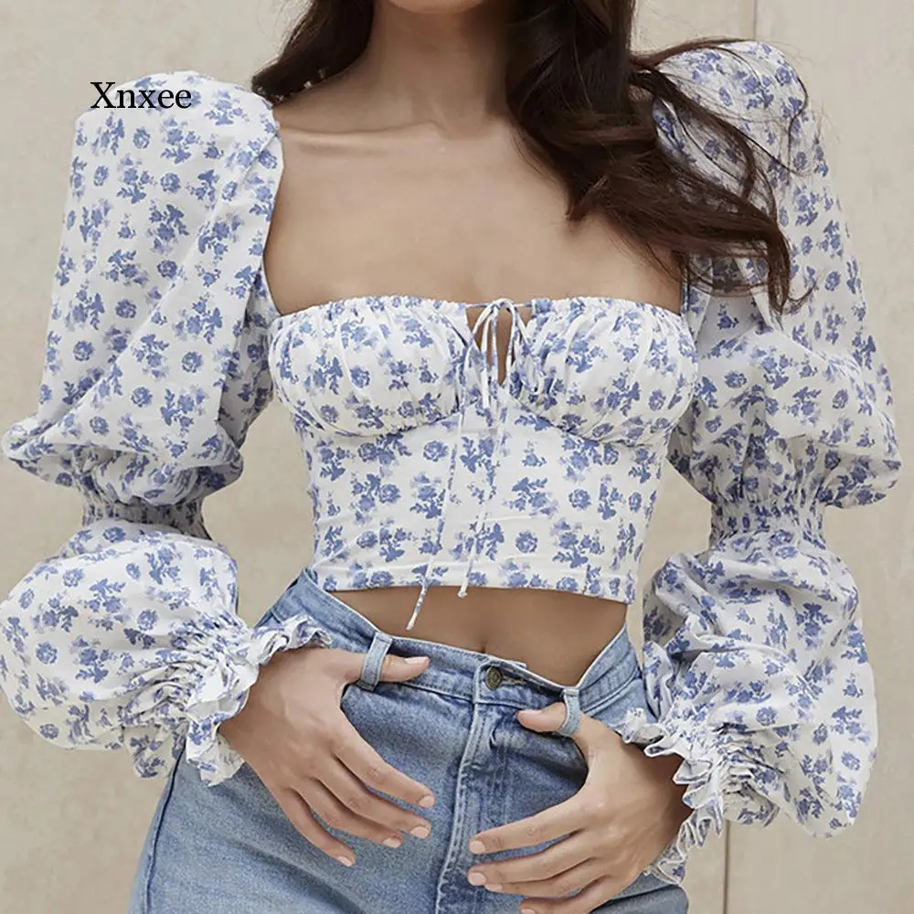 

New Summer Sexy Princess Sleeves Cropped Floral Long-Sleeved Short Top Women Clothing Tops