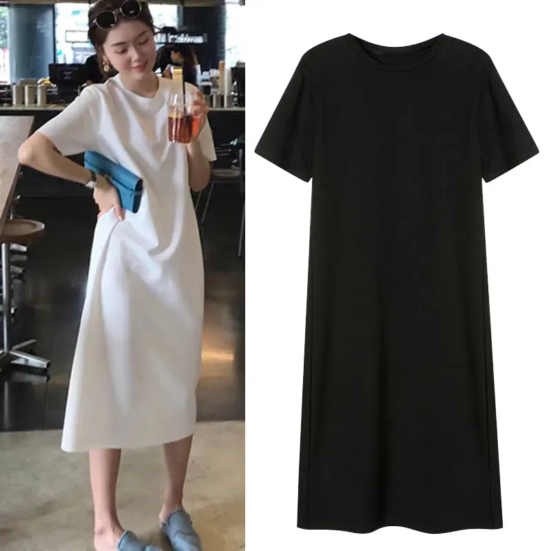 

S-2XL Ready Stock Dress for Women Fashion Black White Yellow Blue Cotton Korean Short Sleeve Midi Dress