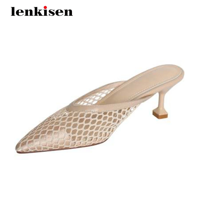 

Lenkisen office lady dress air mesh breathable sun protection slip on pointed toe med strange heels mules women summer pumps L01