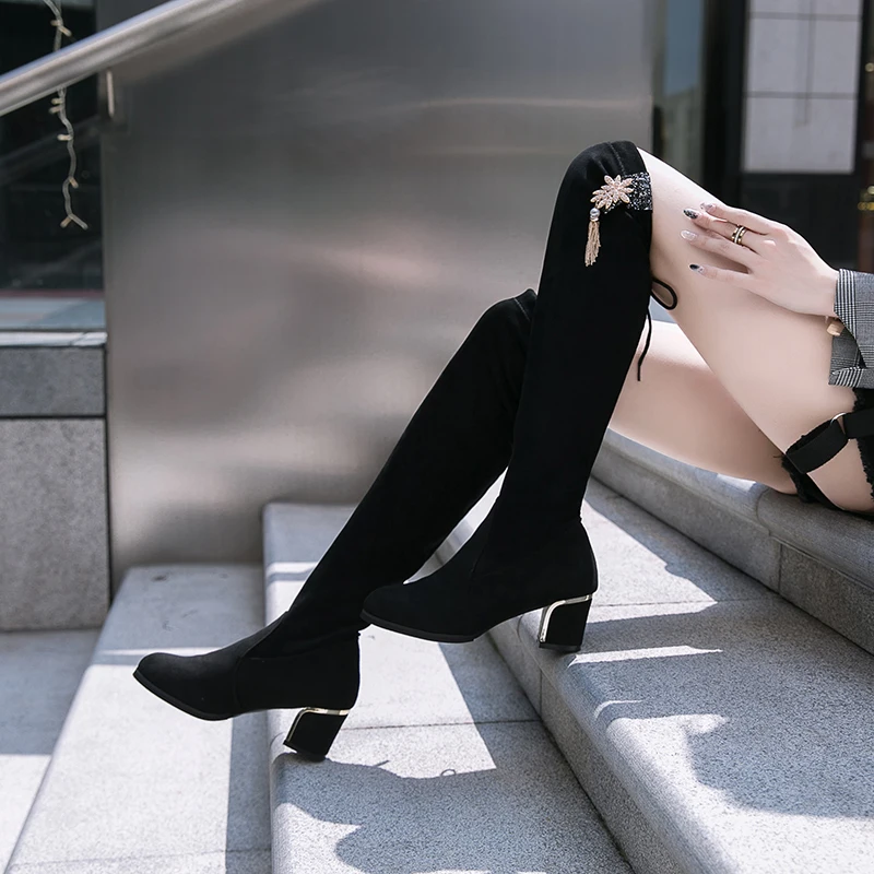 Зимние Сапоги выше колена женские эластичные тканевые чулки с эластичным бортом