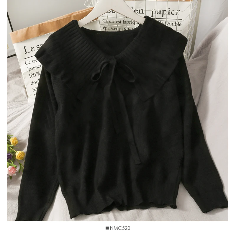 

KUSAHIKI Bow Tie Hit Color Turn-down Collar Knitted Sweater Causal Long Sleeve Women Knitwear 2021 New Pullover Tops 6E463