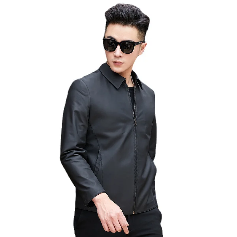 

Short leather men's Haining leather zipper father's cotton sheepskin business leisure middle aged leather jacket lapel