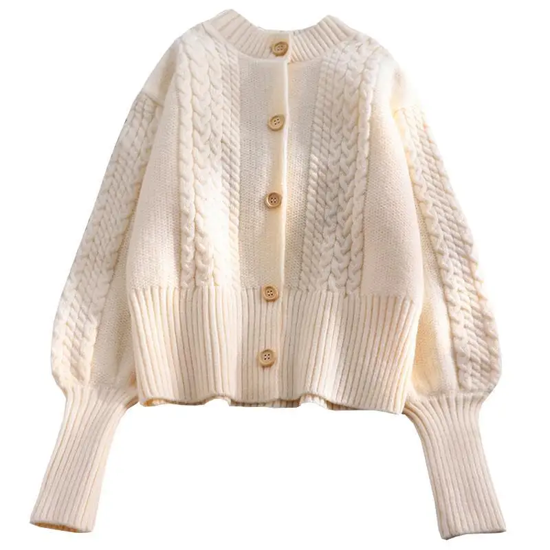 

OMCHION Lantern Sleeve Short Sweater Coat Women 2020 Autumn Winter Loose Lazy Korean Cardigan O Neck Chic Knitted Crop Top LYT81