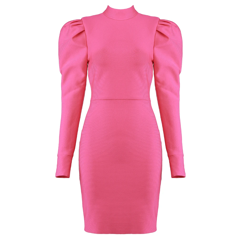 

2020 New Women pink round neck long sleeve Vestidos Celebrity Evening Party Bandage bandage dress Wholesale