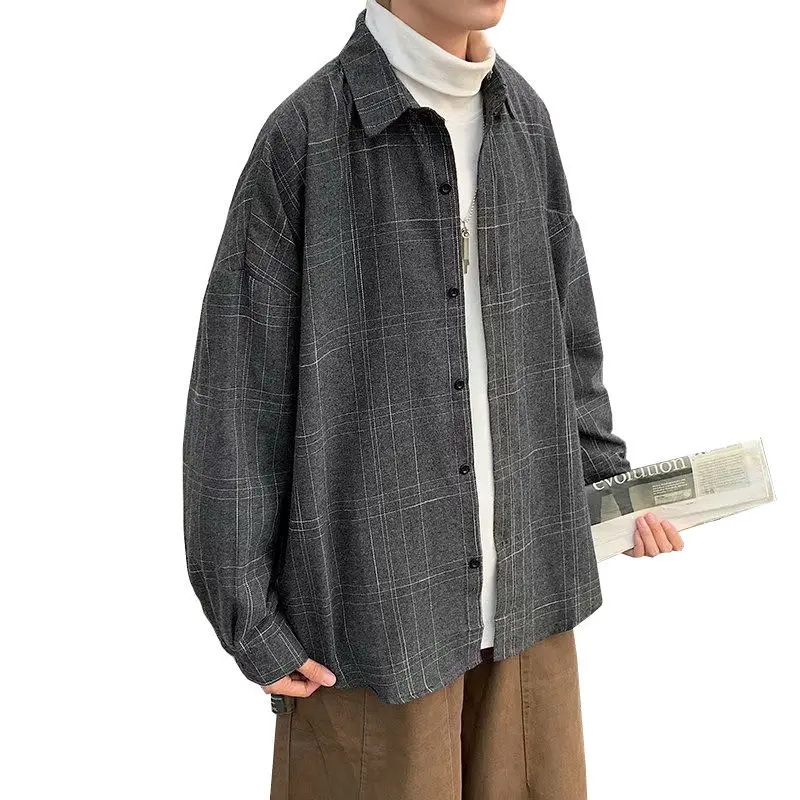 

Japanese Fashion Spring Plaid Shirt Men Long Sleeve Handsome All-match Casual Loose Summer Oversized Vintage Harajuku Shirt