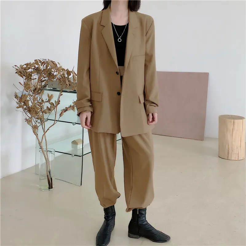 

Solid Pants Suits All Match 2 Piece Sets OL Elegant 2021 New Office Lady Loose Women Blazers+stylish High Waist Straight Full