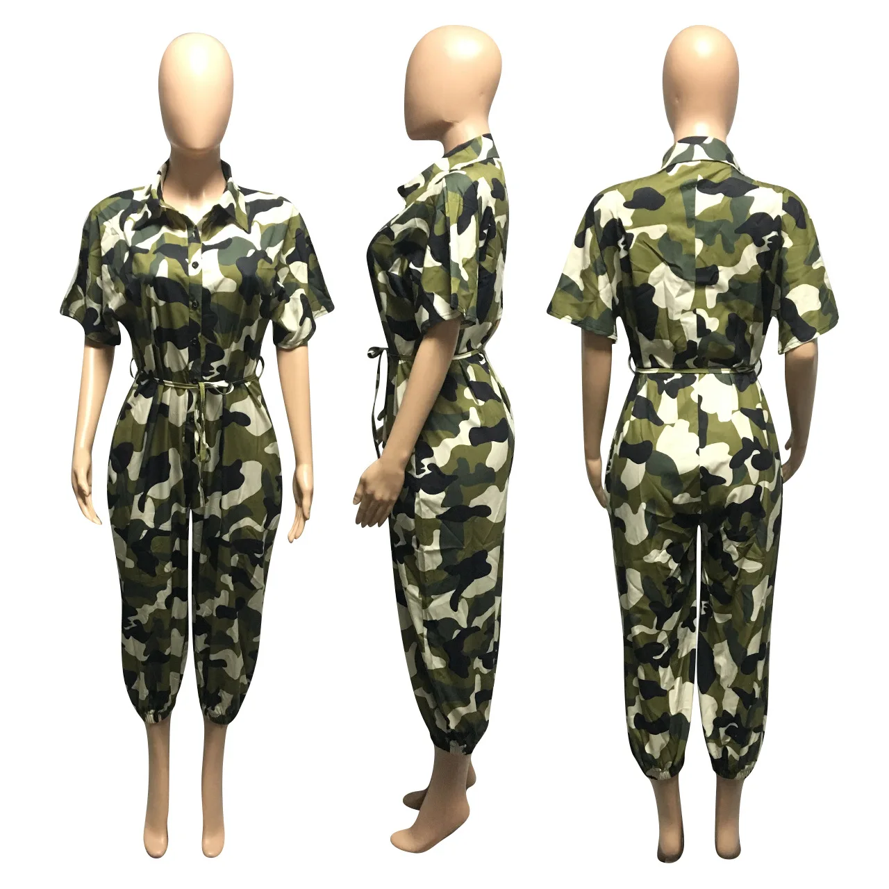 

Camouflage Print Turn-Down Collar Button Sashes Short Sleeves With Pockets Women Jumpsuit Hot Style Model Rompers Casual Outfits