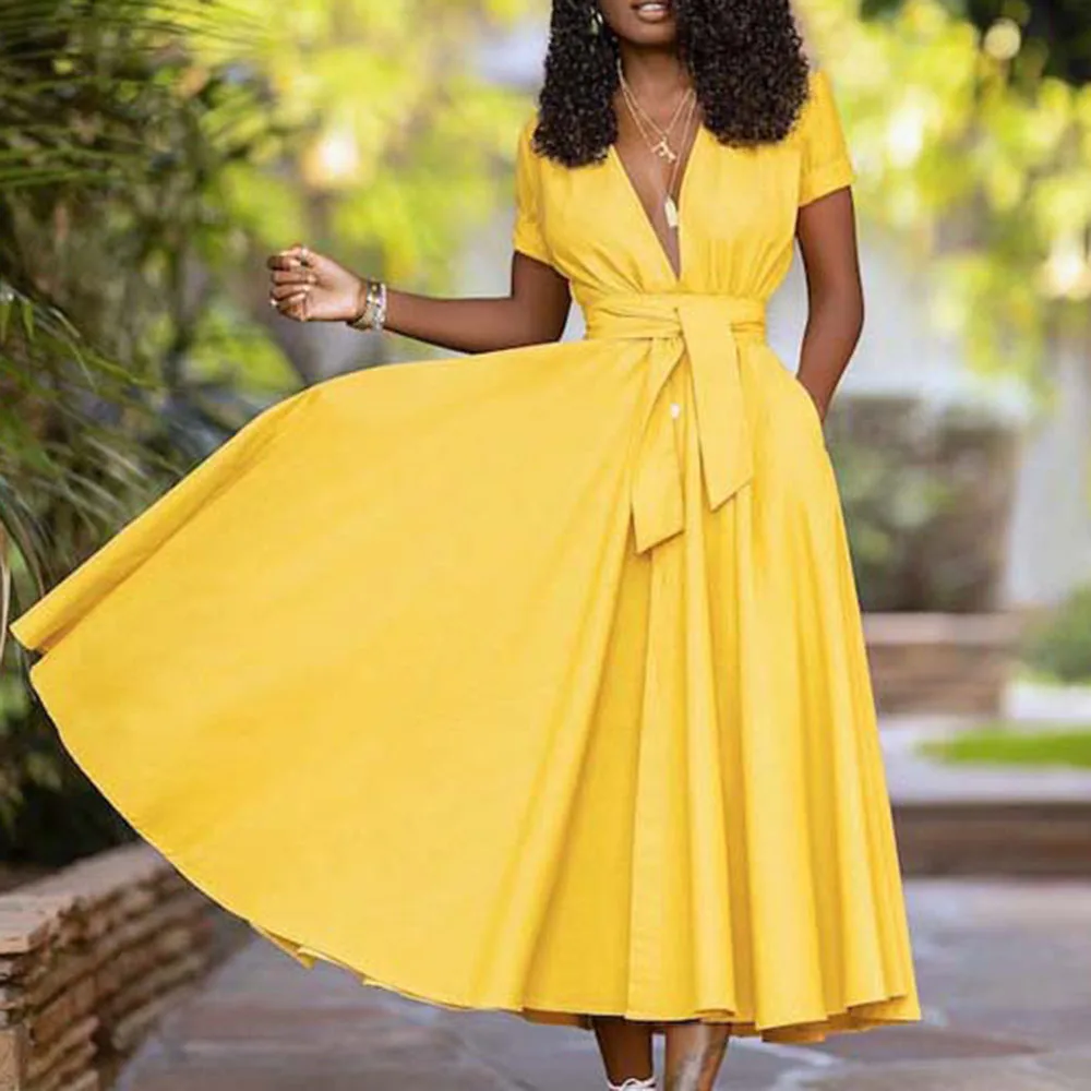 

New 2021 African Spring Summer Long Temperament Commute Solid Color Lace Western Style Women's Dress V-neck Summer