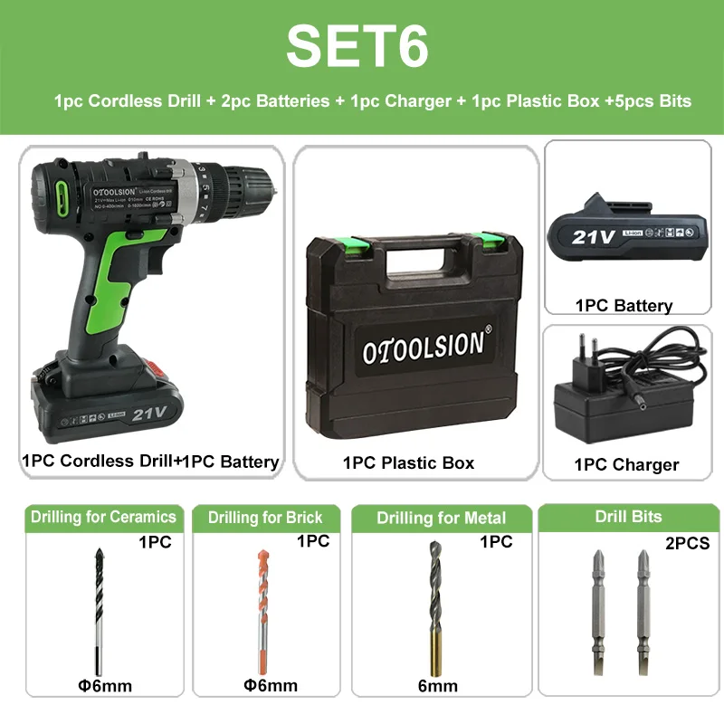 SET6 (2 pc battery) 21 в 12 В перезаряжаемая отвертка, Аккумуляторная дрель, электрические инструменты, шуруповерт, зарядная электрическая отвертка, набор+ запчасти для дрели - Цвет: SET6 (2 pc battery)