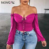 novgirl sexy off shoulder lace up t shirts women 2019 autumn v neck long lantern sleeve lace crop tops casual streetwear t shirt
