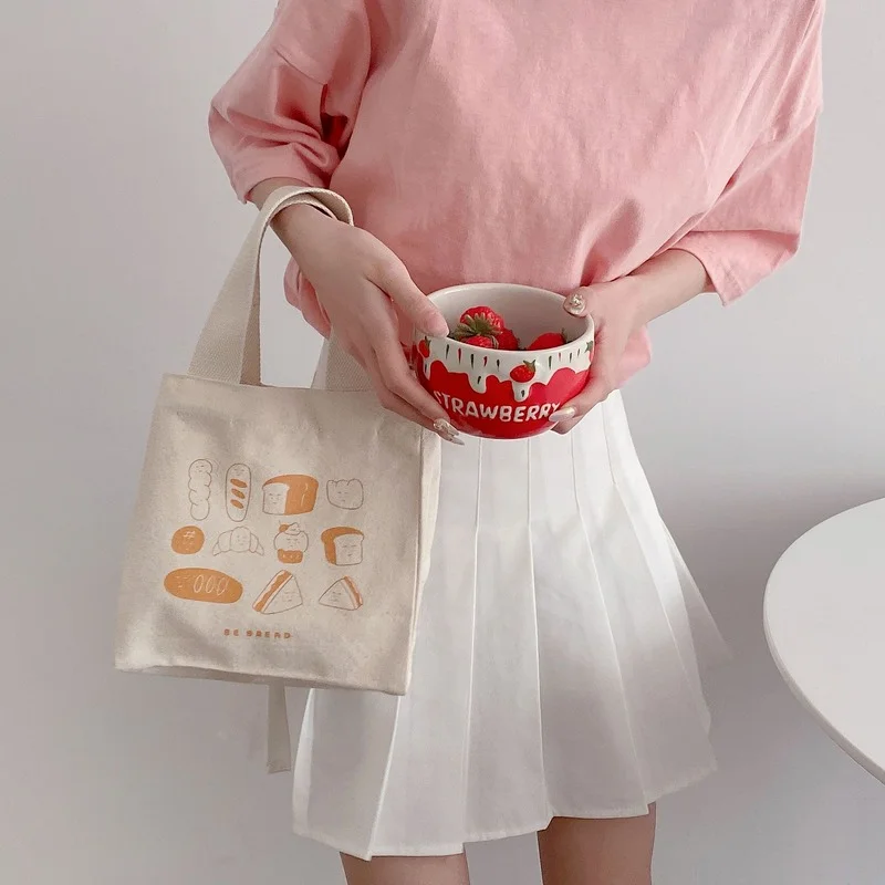 

Cute Lunch Bag Canvas Lunch Box Picnic Tote Cotton Cloth Small Handbag Pouch Dinner Container Food Storage Bags For Ladies