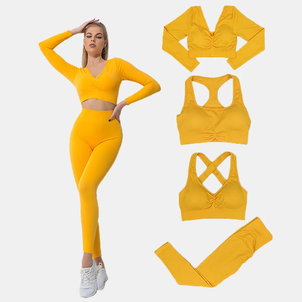 

4 шт./комплект, Бесшовные женские леггинсы с длинным рукавом